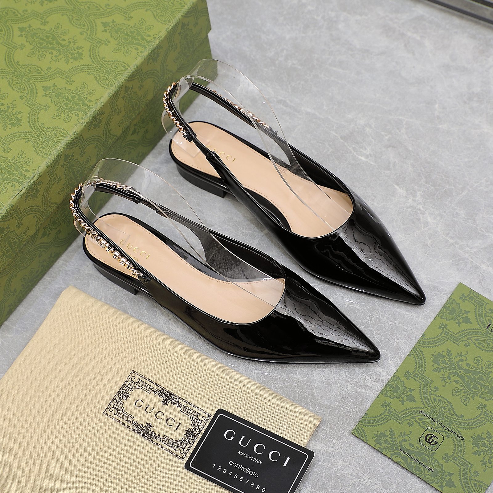 GG Patent Leather Chain Flat Sandals DD25081206