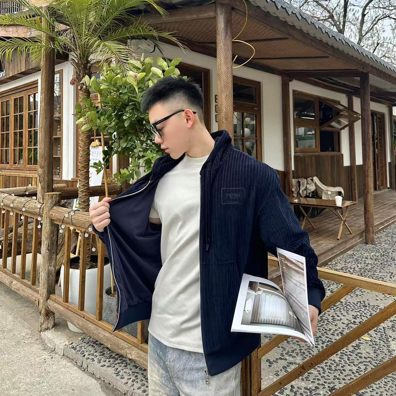 FD Embroidered Blue Suede Sweatshirt XX25081622