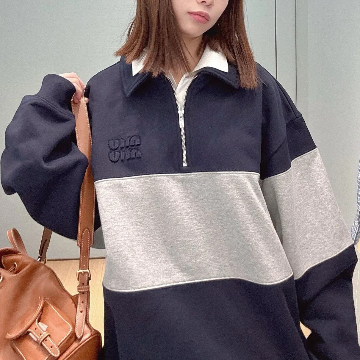 Miu Unisex Appliqué Embroidered Color-Block Collared Long-Sleeve Hoodie FE25081613