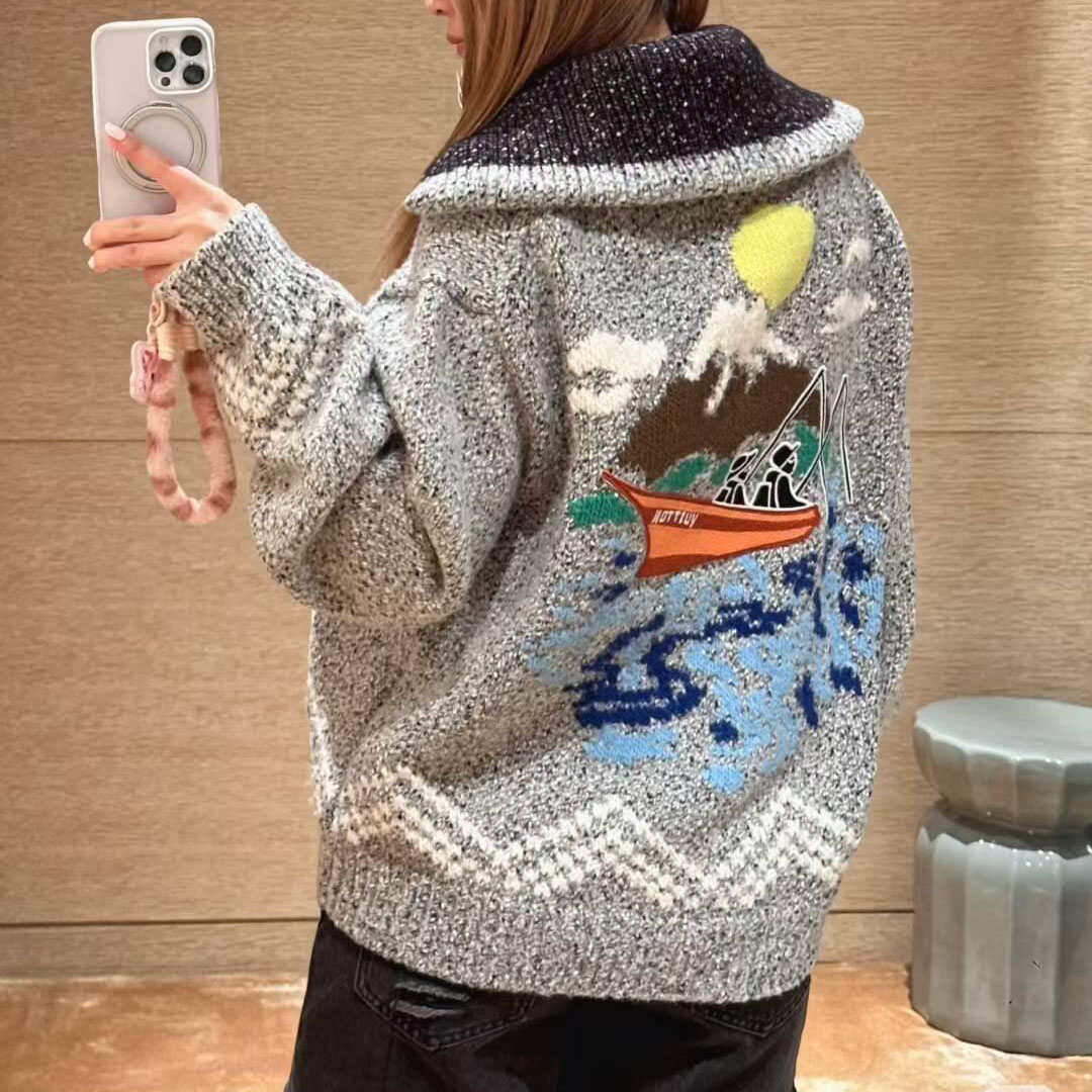 LV Nigo Collaboration Collection Sail - Fishing Embroidery Knit Waist - Cinching Sweater Coat AM25081811