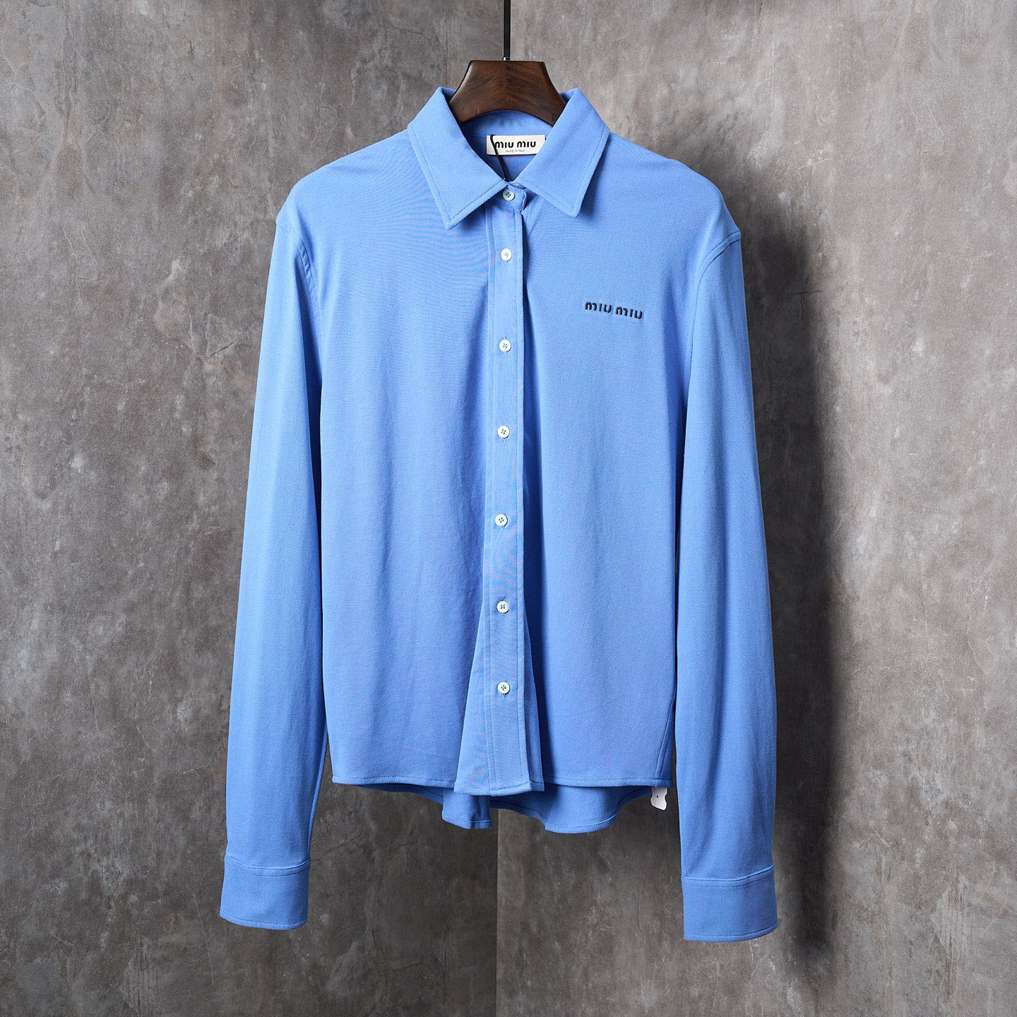 Miu Logo - Letter Embroidered Pique Cotton Long - Sleeved Shirt AM25081807