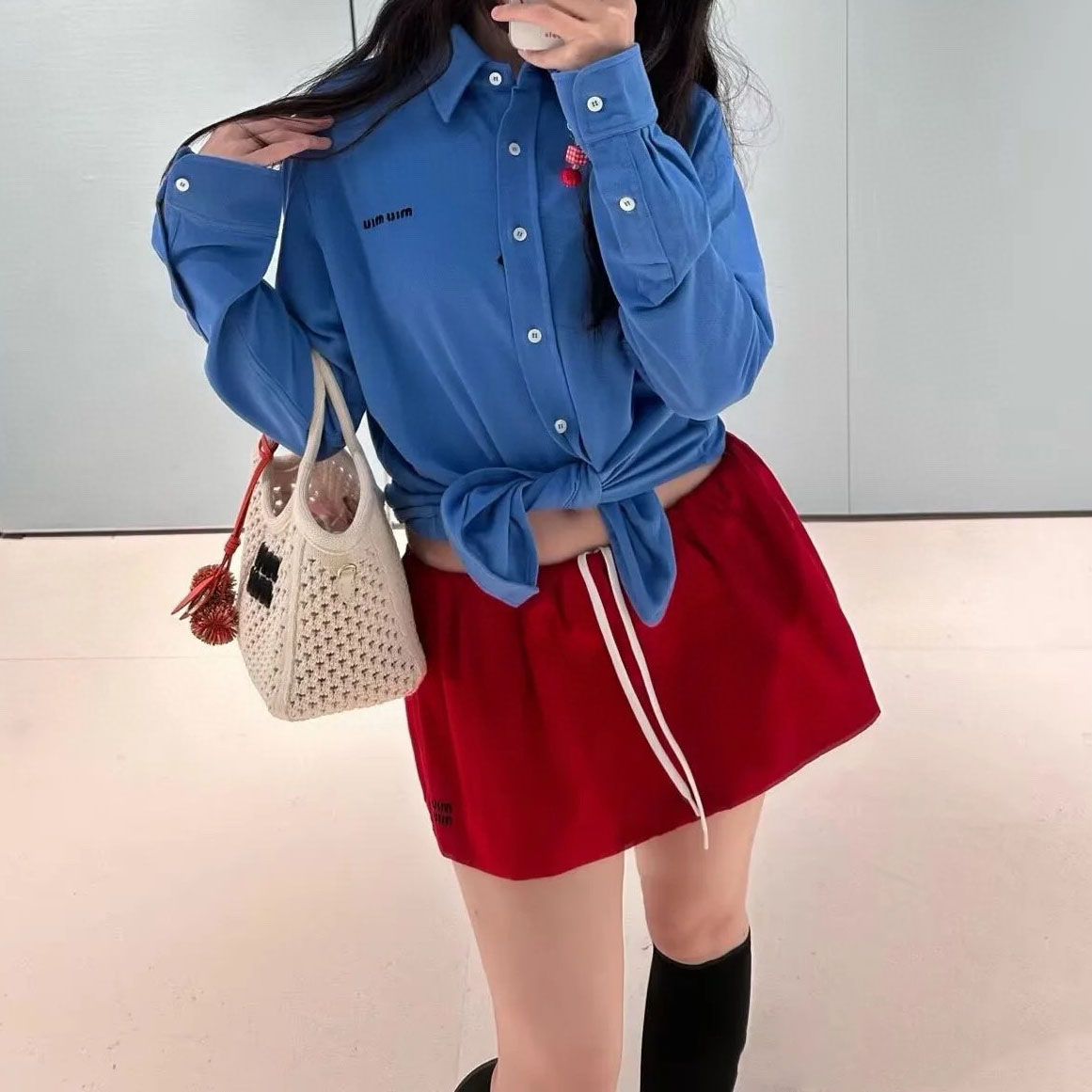 Miu Logo - Letter Embroidered Pique Cotton Long - Sleeved Shirt AM25081807