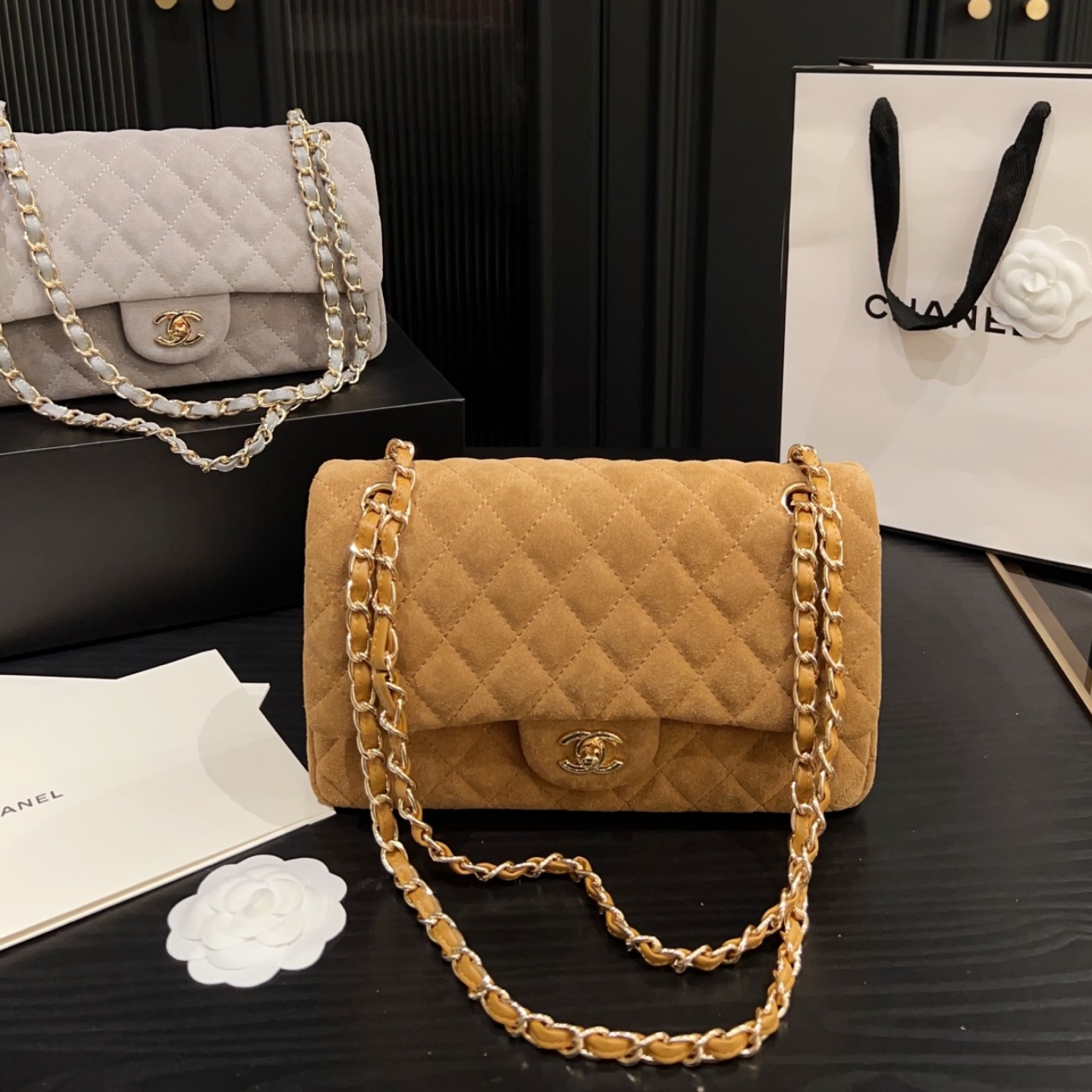 CH Suede Quilted Flap Bag in Camel with Gold Chain  YV25083011