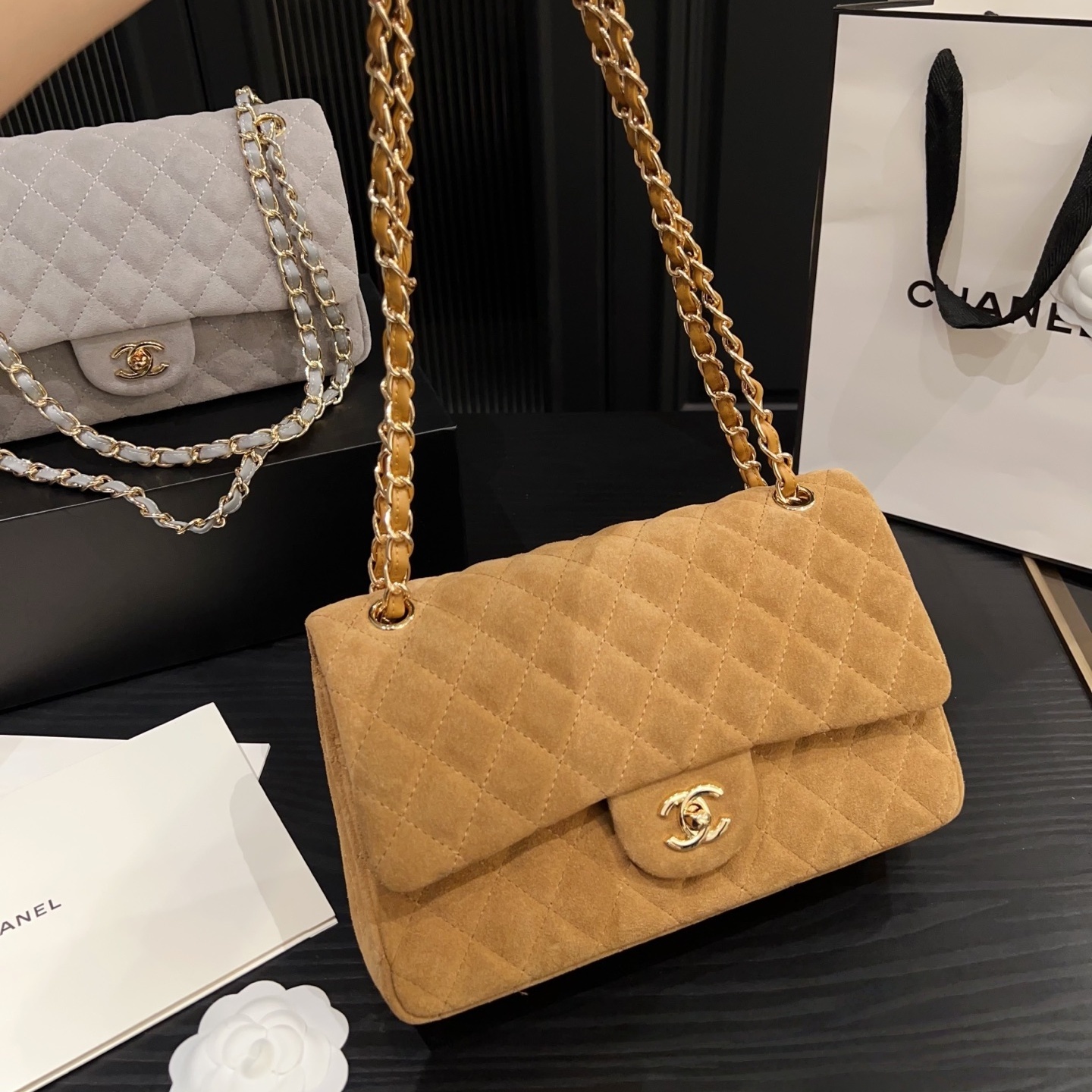 CH Suede Quilted Flap Bag in Camel with Gold Chain  YV25083011