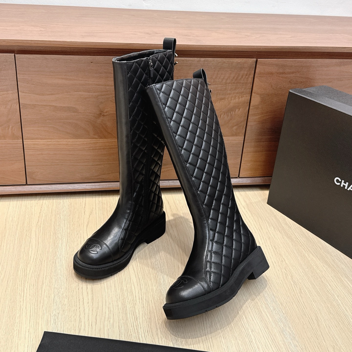 CH Black Leather Quilted Mid-Calf Boots YV25083119