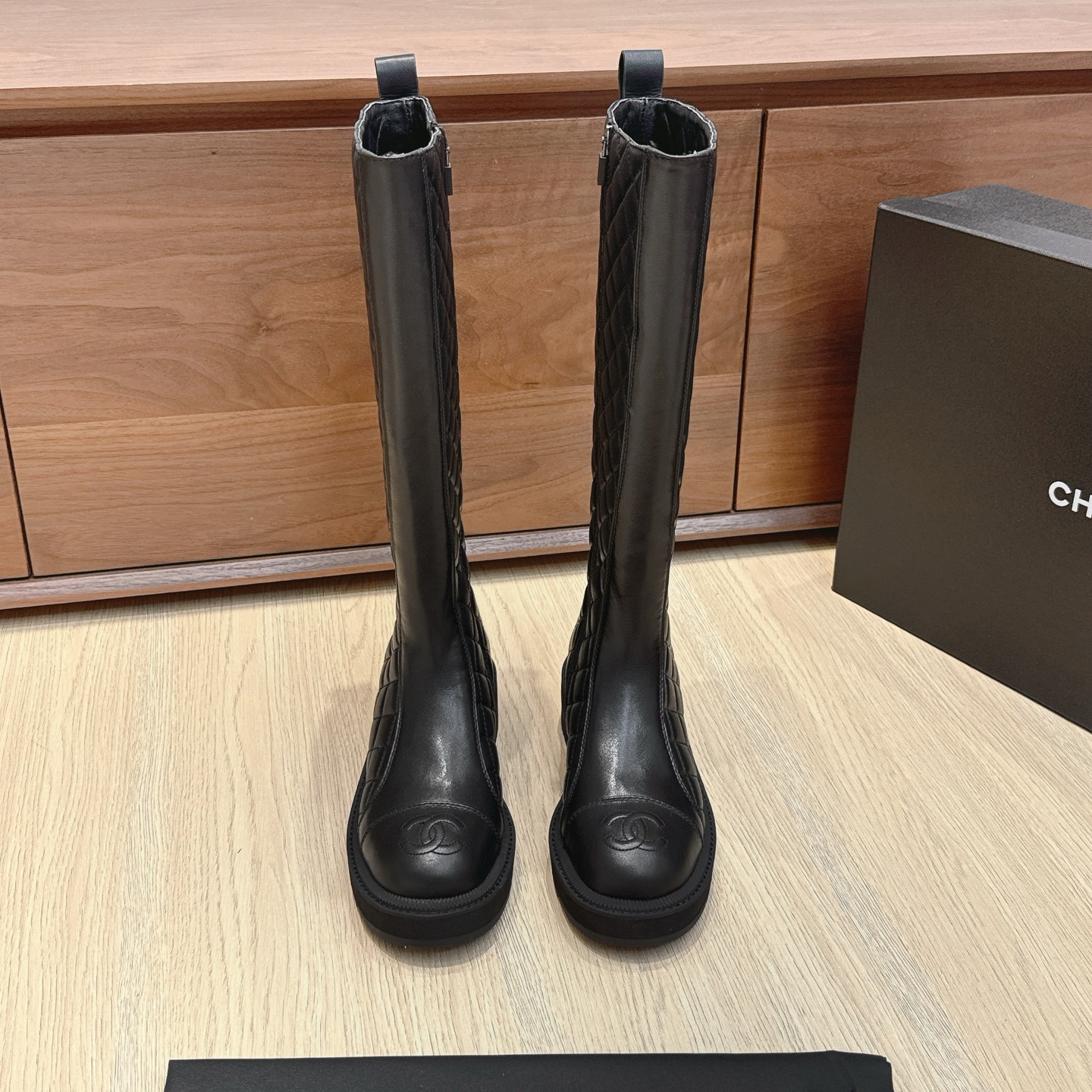 CH Black Leather Quilted Mid-Calf Boots YV25083119