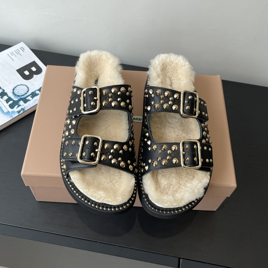 Miu Chunky Sole Wool Slippers with Rivets XX25082241
