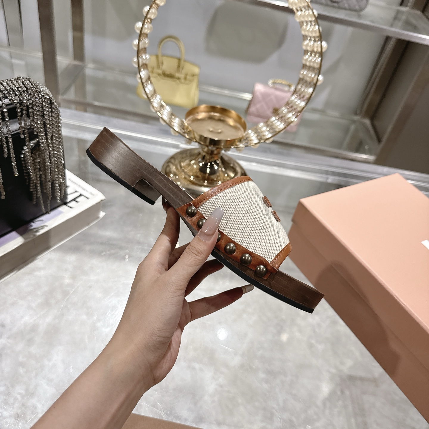 Miu Solid Wood Bottom Half Slippers XX25082251