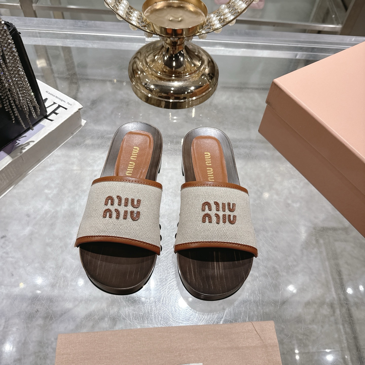 Miu Solid Wood Bottom Half Slippers XX25082251