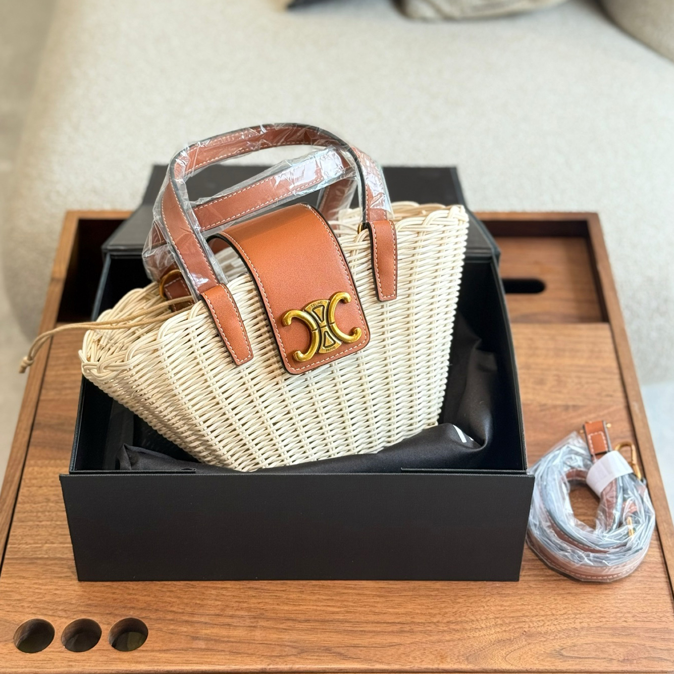 CE wicker and cowhide small tote MM25090461