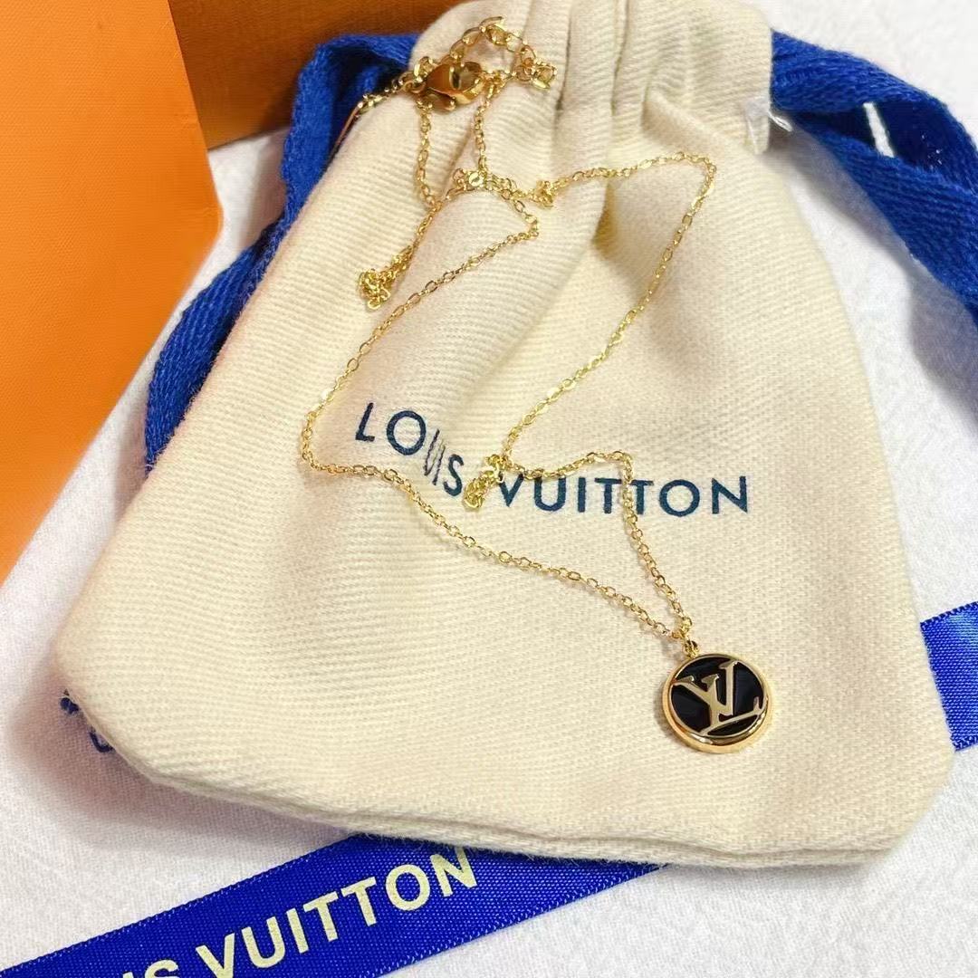 LV Black Enamel & Gold Circular Pendant Necklace YPD25091018