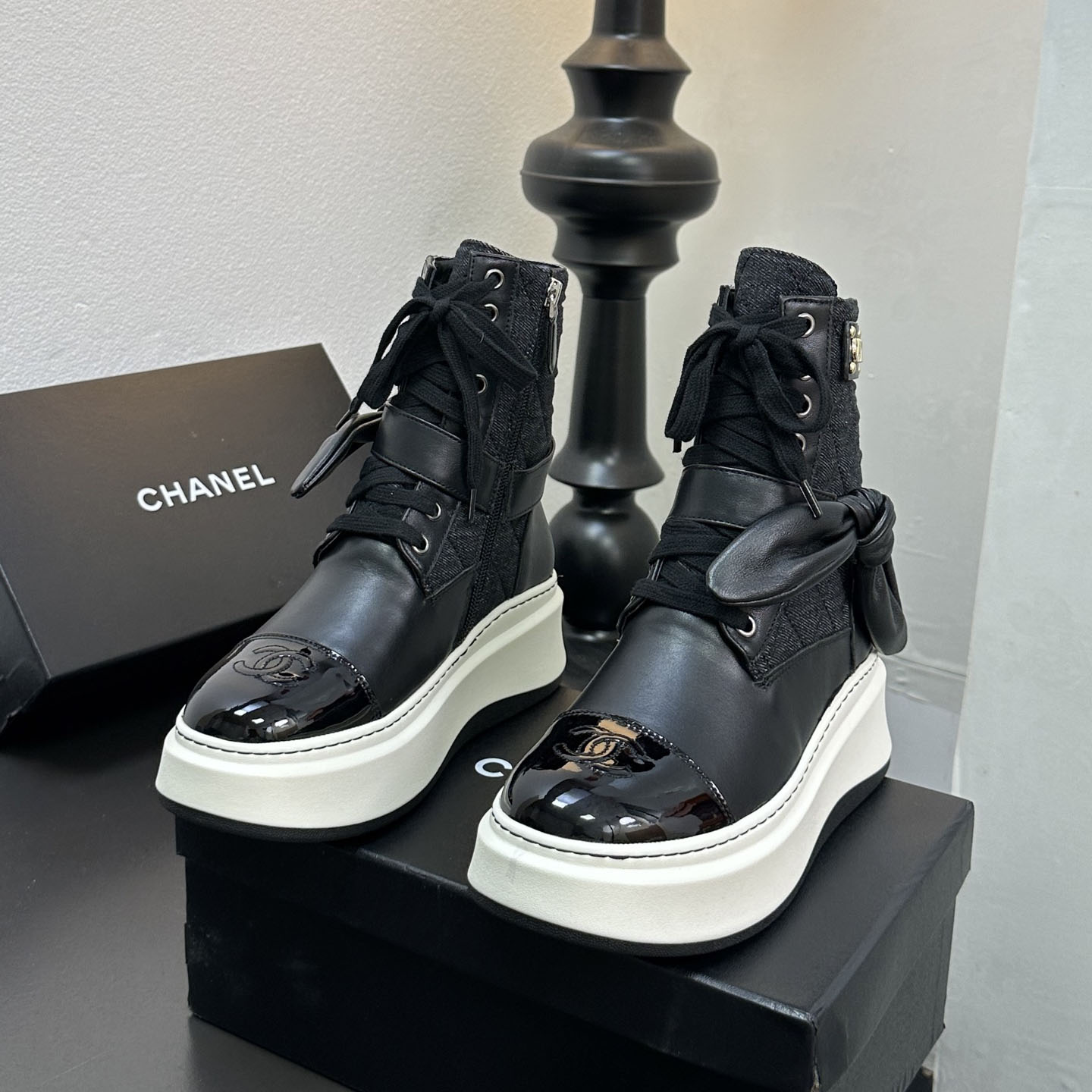 CH Classic Diamond Pattern Rabbit Ear Lace-Up Boots AE25091109