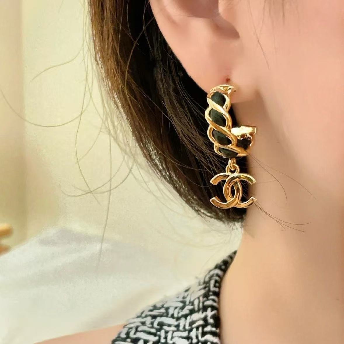 CH  Black Leather Gold Hoops  Earrings YPD25091107