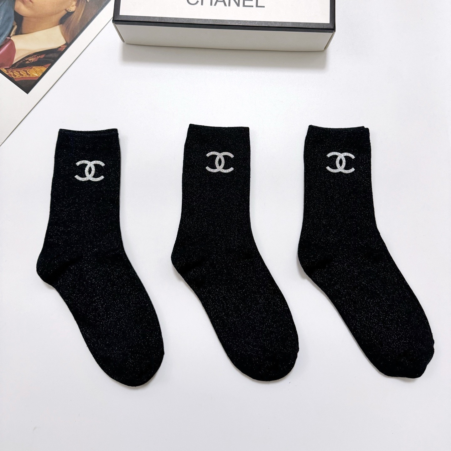 CH Black with fine glitter mid-calf socks Set  YV25091378