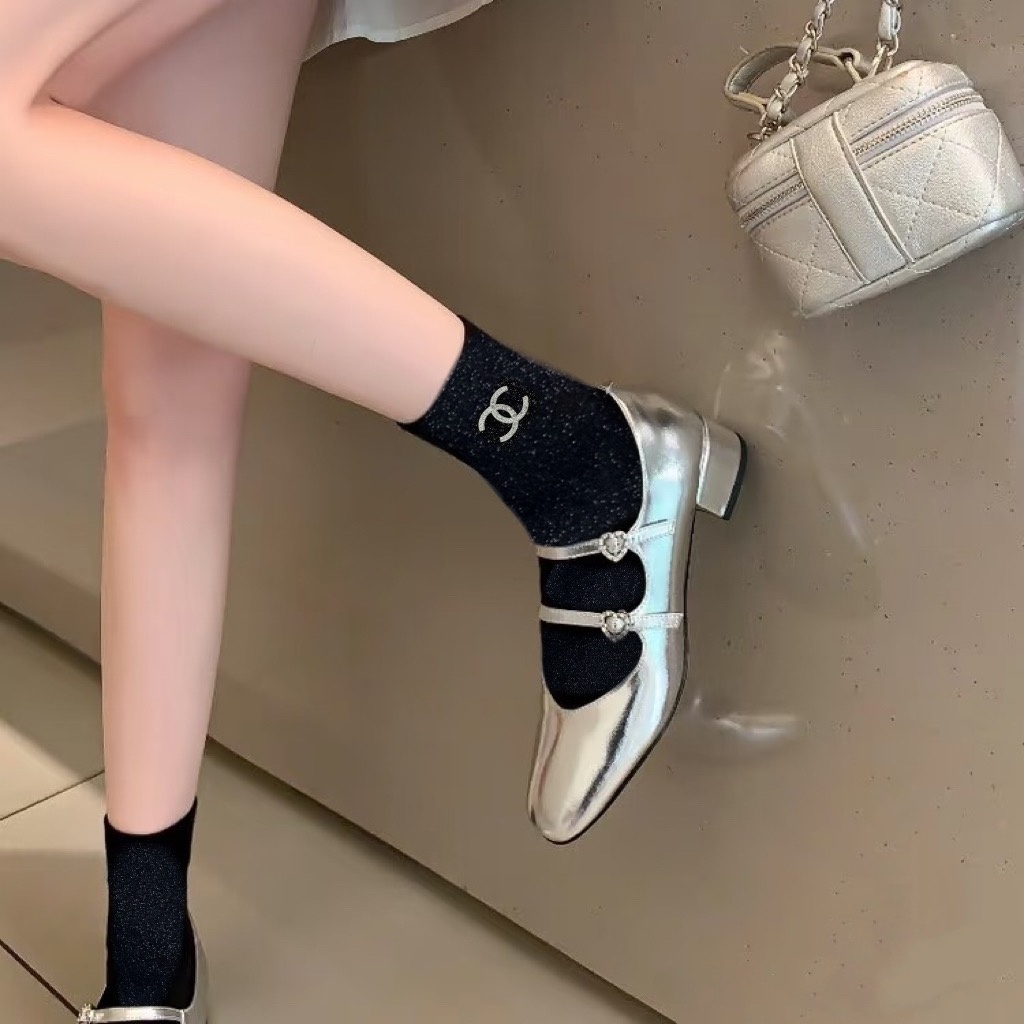 CH Black with fine glitter mid-calf socks Set  YV25091378