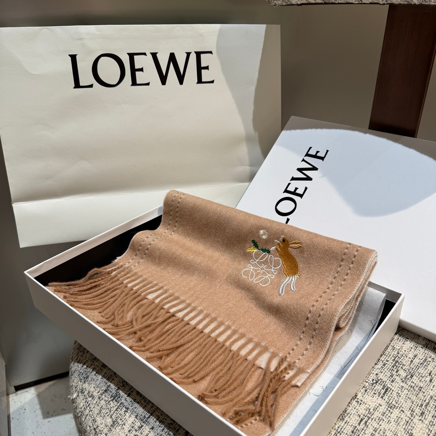 LOE Anagram and Rabbit Embroidery Cashmere Scarf  YV25091410