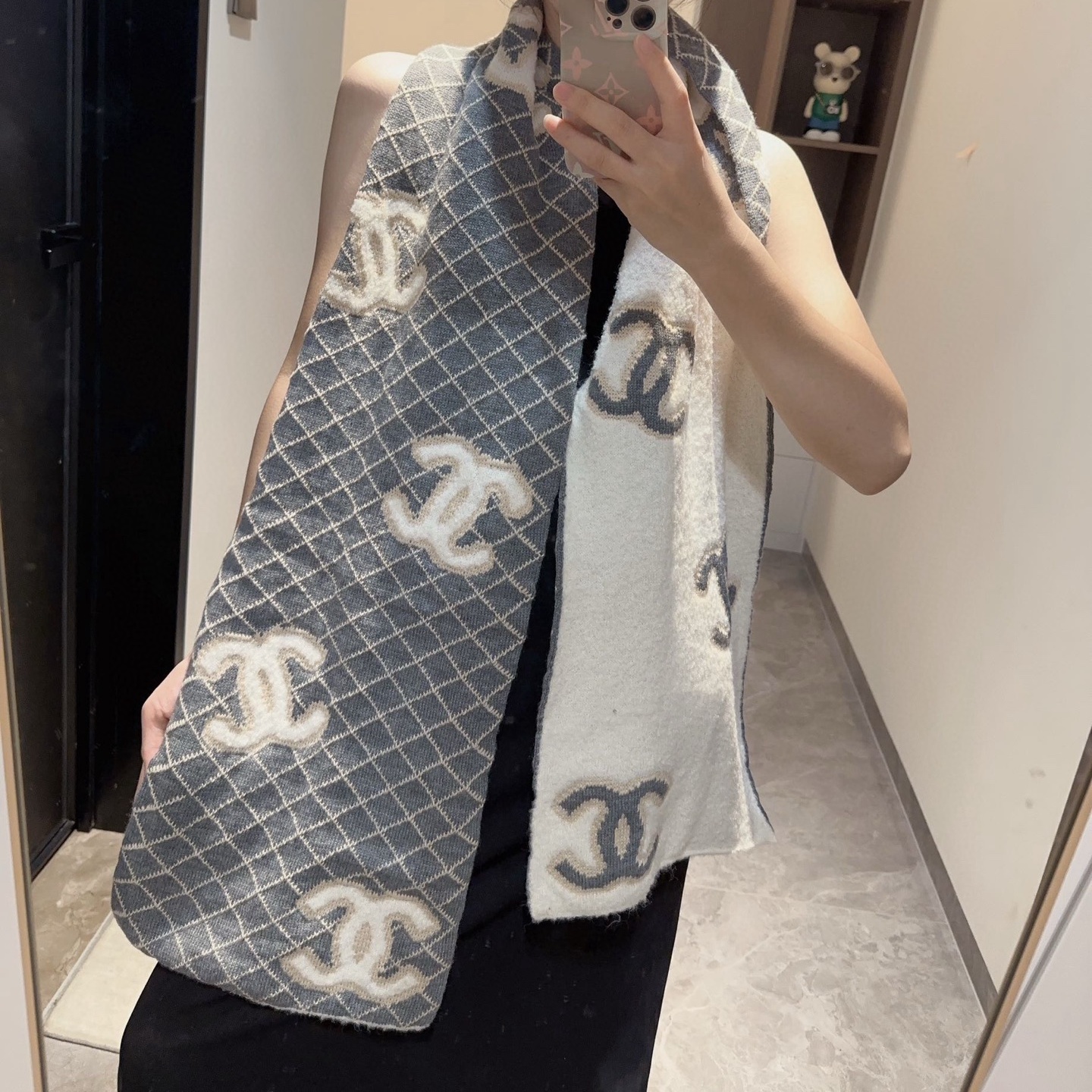 CH  Double C Double-sided Checkered Cashmere Scarf YV25091617