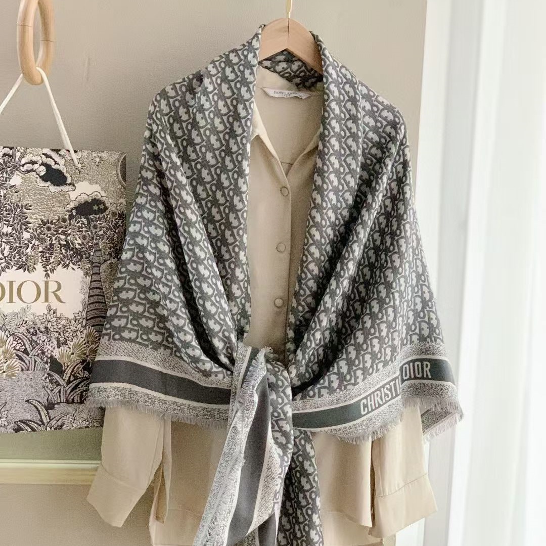 CD Classic Jacquard Wool and Mulberry Silk Blend Scarf/Shawl  YV25091607