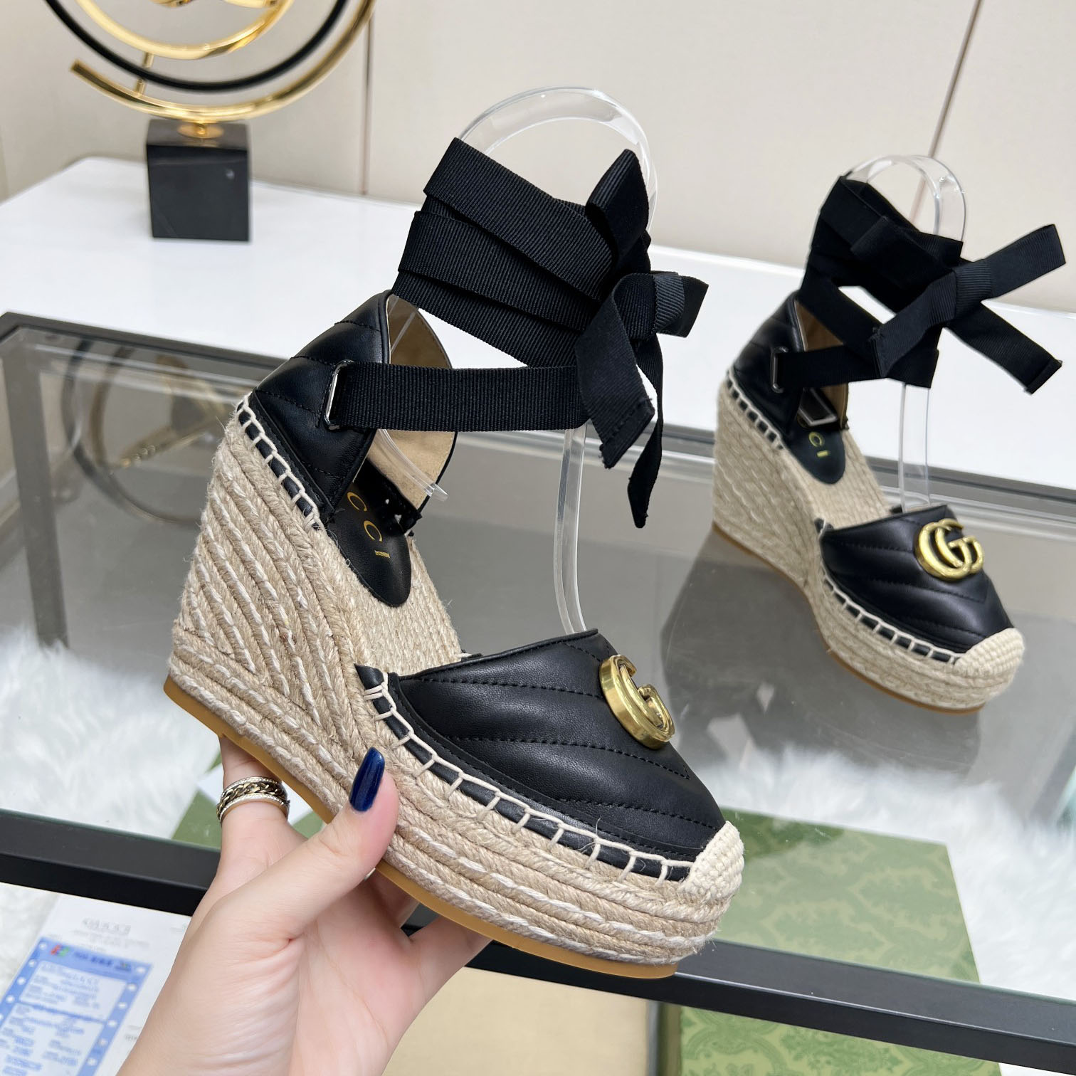 GG Women's Fashion Leather and Straw High Heels DG24100805