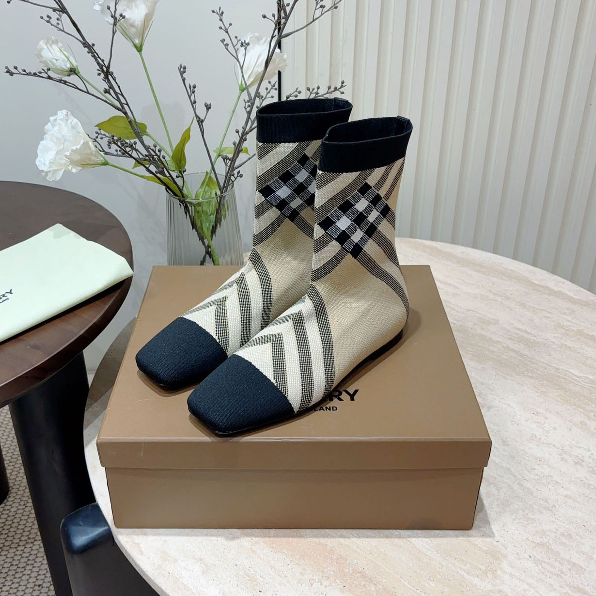 Bur Square-Toe Flat Checkered Stretch Knit Sock Boots Ev25061184