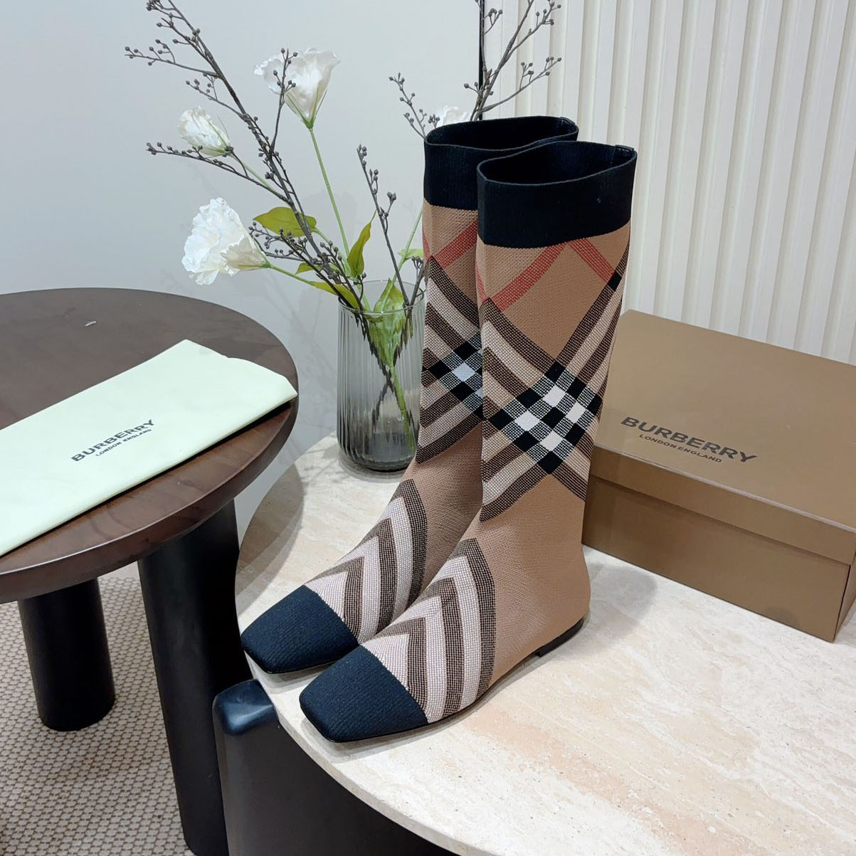 Bur Square-Toe Flat Checkered Stretch Knit Long Sock Boots Ev25061185