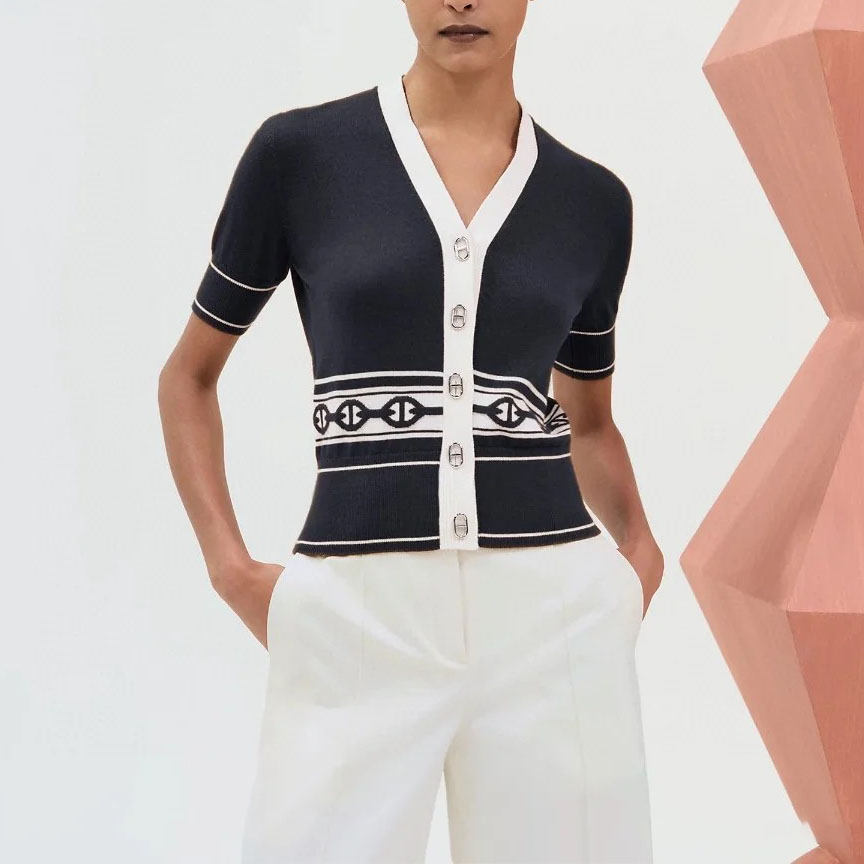 HM Contrast Color V-Neck Short-Sleeve Knitted Cardigan XX25092513