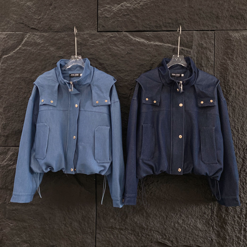 Miu Small Logo Denim Blue Hooded Jacket AM25092608
