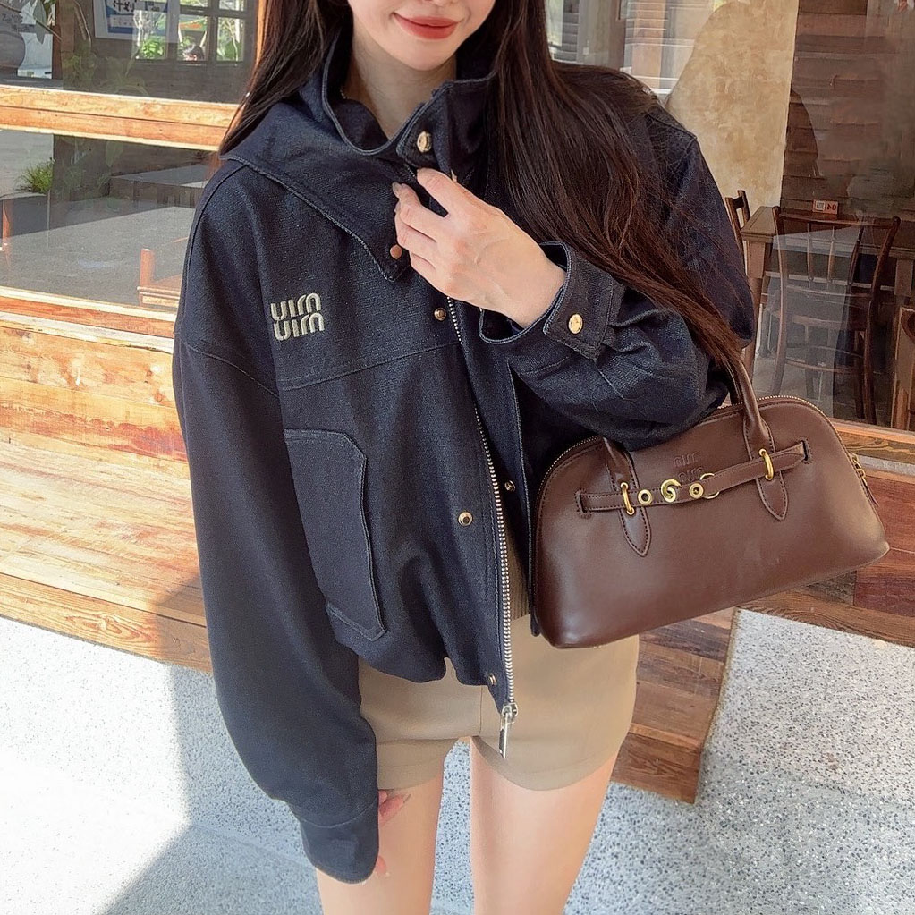 Miu Small Logo Denim Blue Hooded Jacket AM25092608