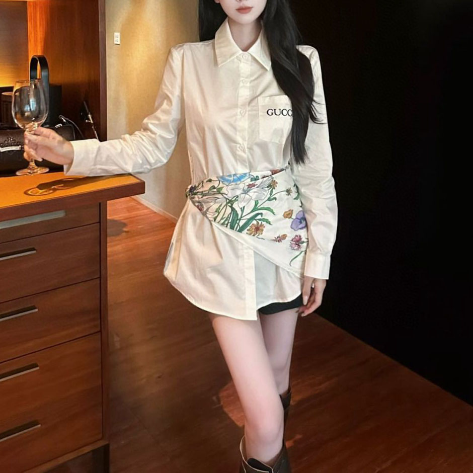 GG Subtle Logo Letter-Embroidered Long Sleeve Shirt XX25092912