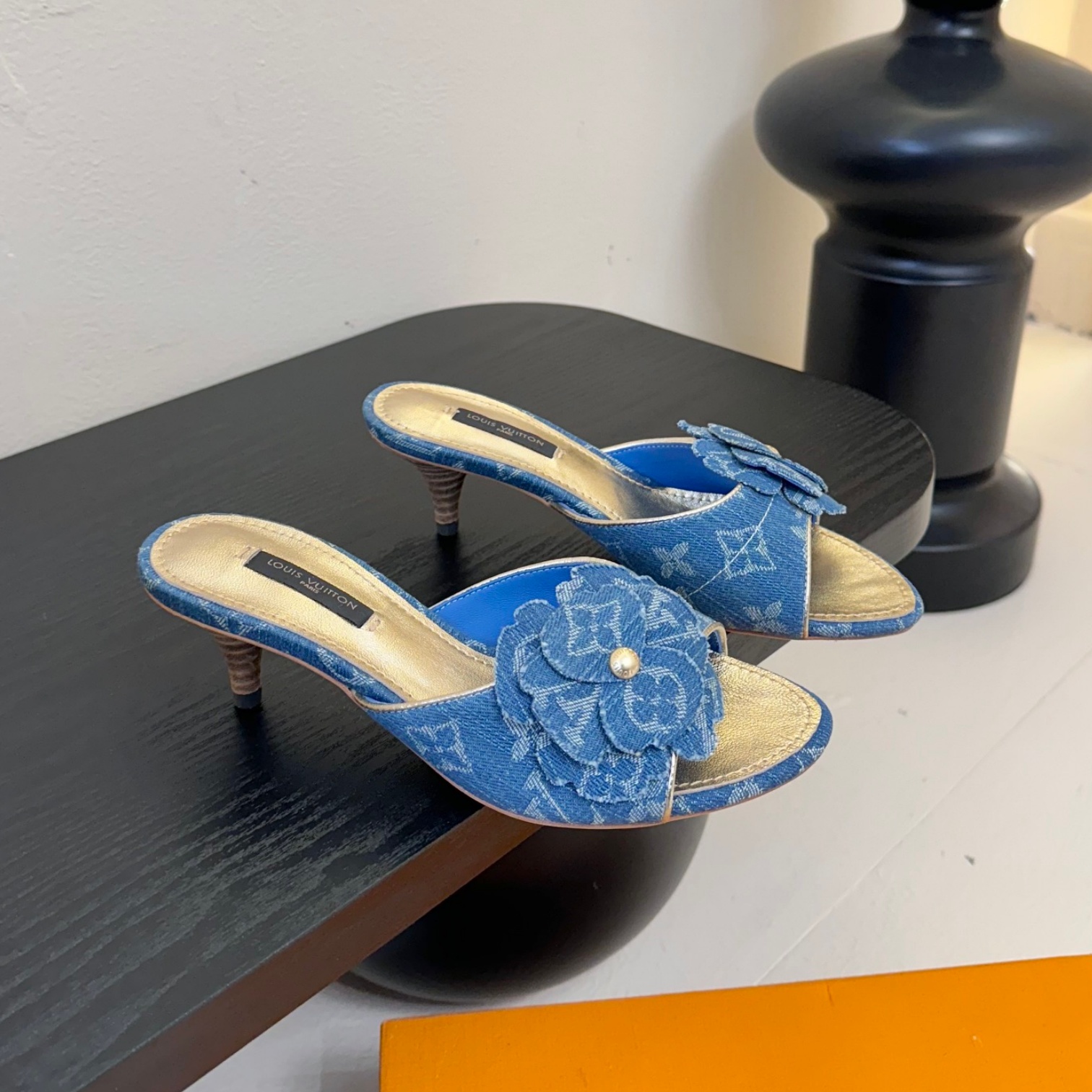 LV Floral Accents Denim Kitten-Heel Slippers YV25093019