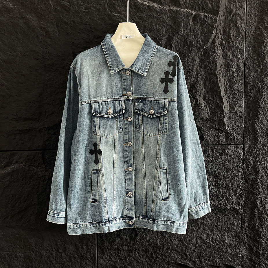 CH 25New Black Leather Badge Cross Denim Jacket XX25092904