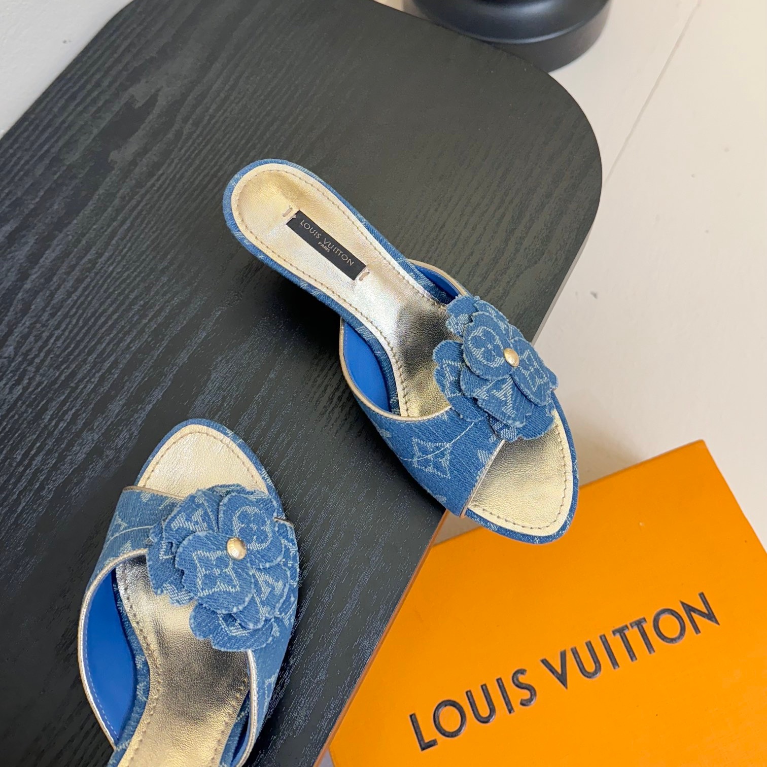 LV Floral Accents Denim Kitten-Heel Slippers YV25093019