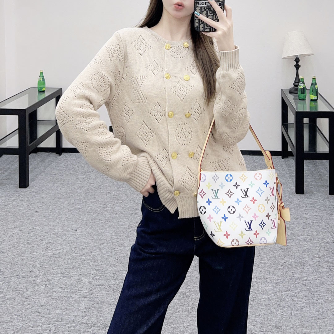 LV Logo-Cutout Openwork Knit Button-Front Cardigan AM25100416