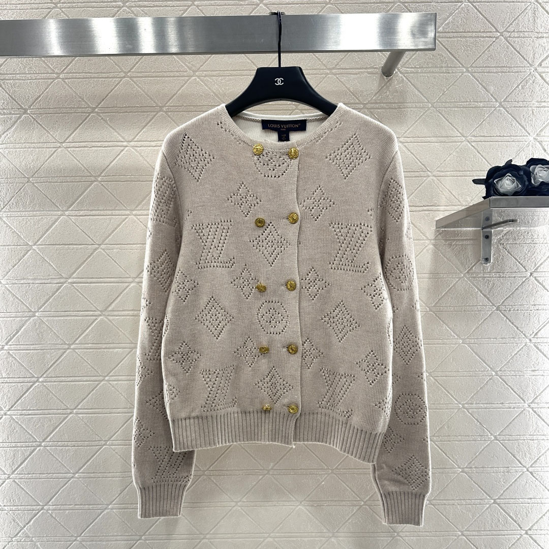 LV Logo-Cutout Openwork Knit Button-Front Cardigan AM25100416