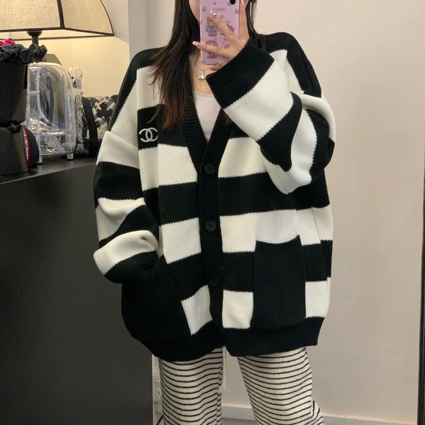 CH Striped Embroidered Double C Logo Cardigan XX25100506