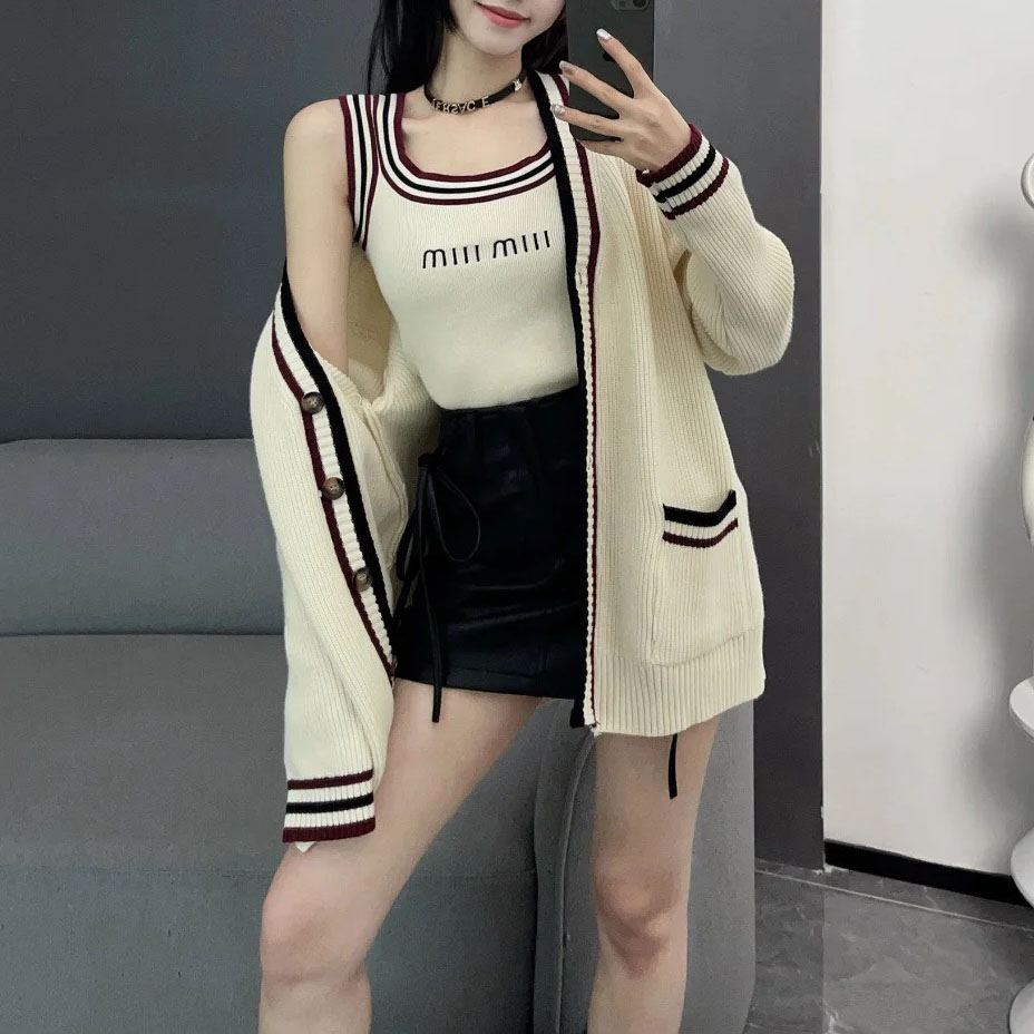 Miu Contrast Color Wool Knit Cardigan Coat + Vest Two-Piece Set XX25100507