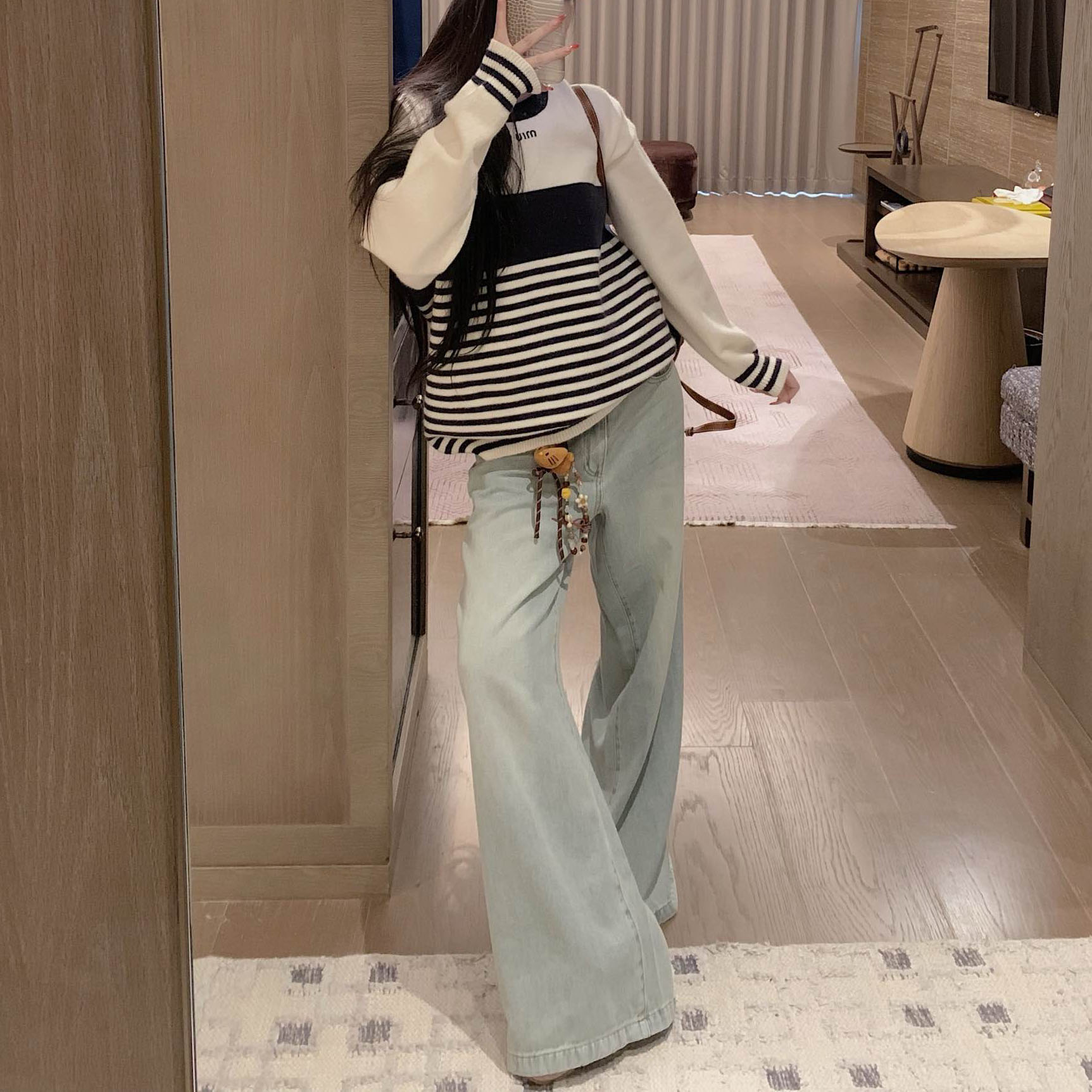 Miu Striped Embroidered Logo Contrast Color Crew Neck Sweater AM25101103