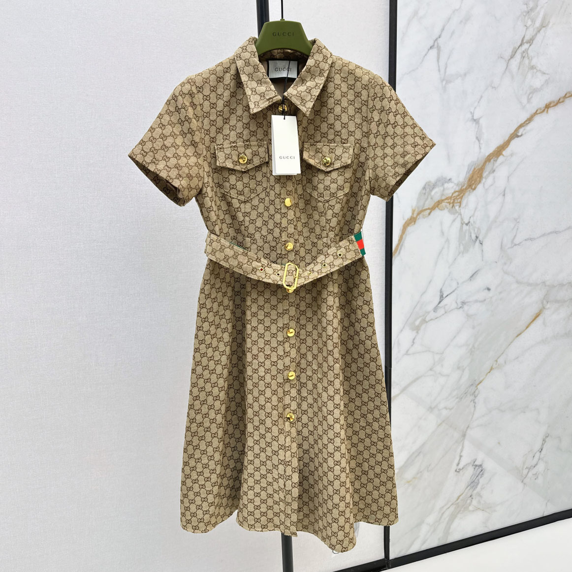 GG Classic Red and Green Web Belt-Paneled Dress AM2510504