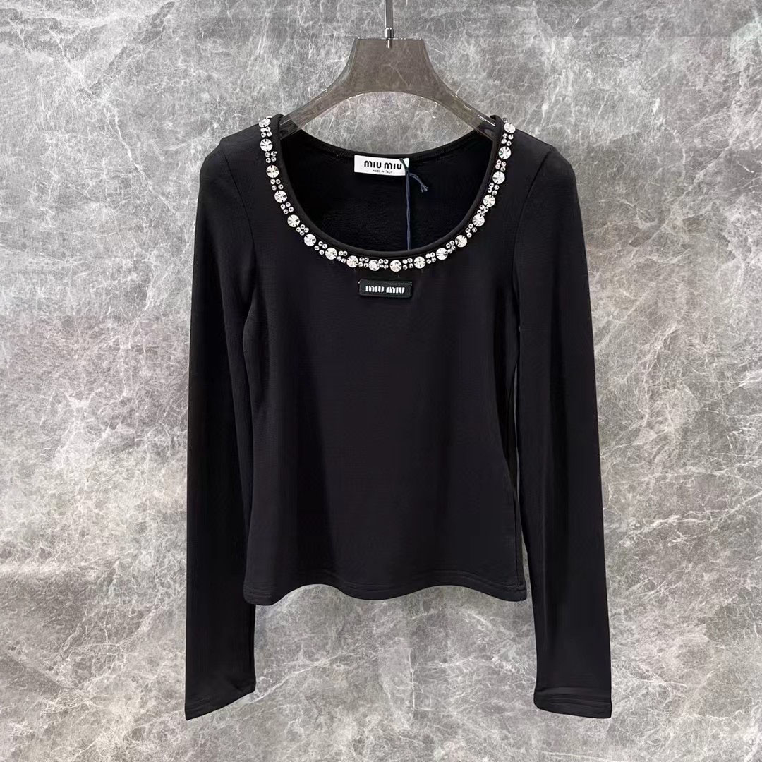 Miu Long-Sleeve Base Shirt with Rhinestone Neckline Decoration XX25101704