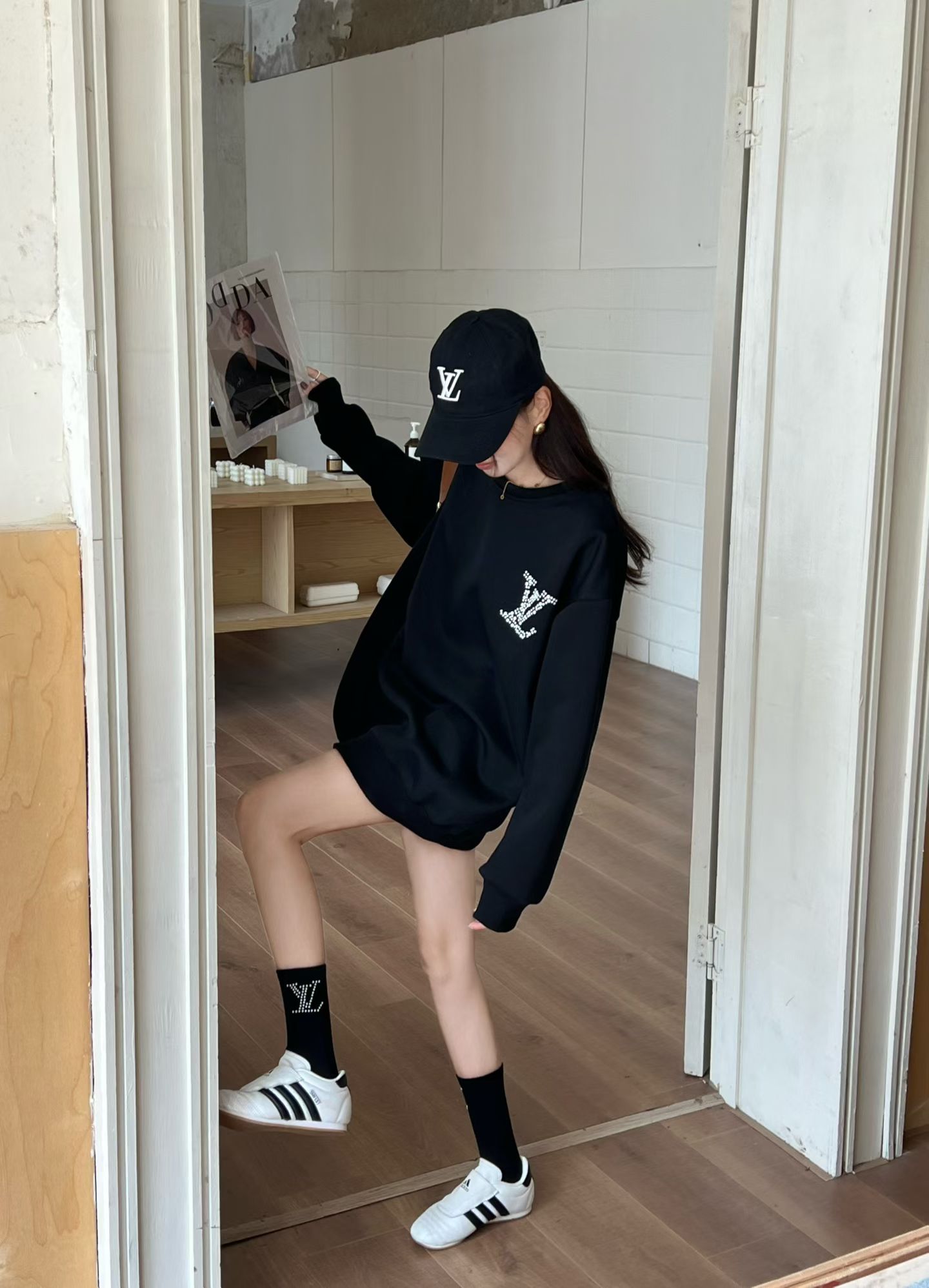 LV Logo Rhinestone-Embellished Crewneck Hoodie XX25101829