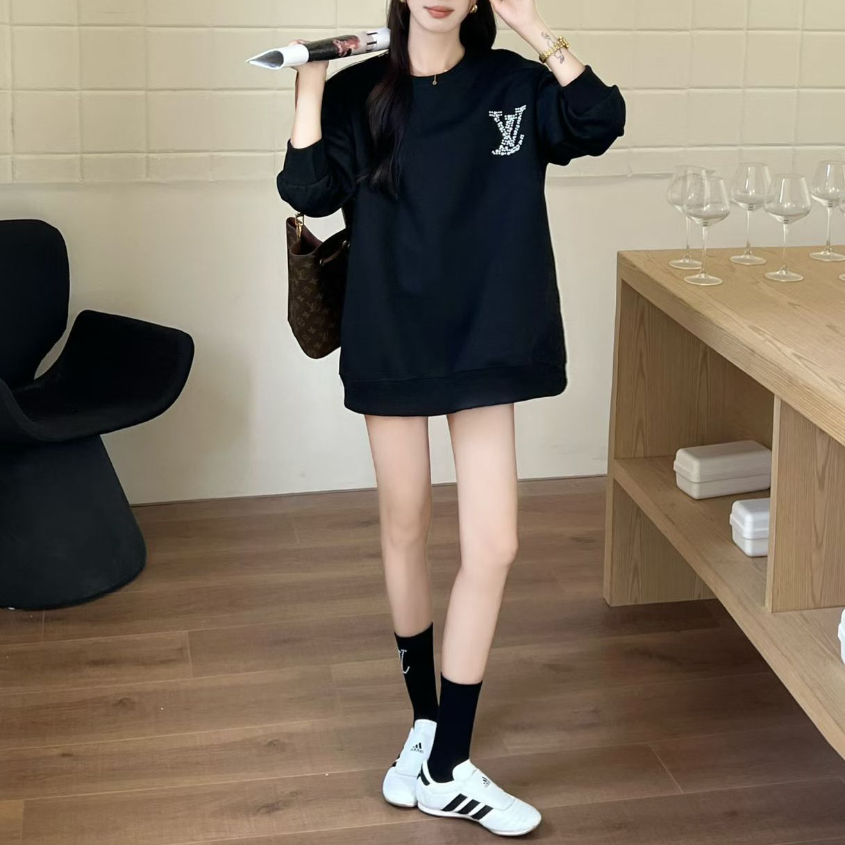 LV Logo Rhinestone-Embellished Crewneck Hoodie XX25101829