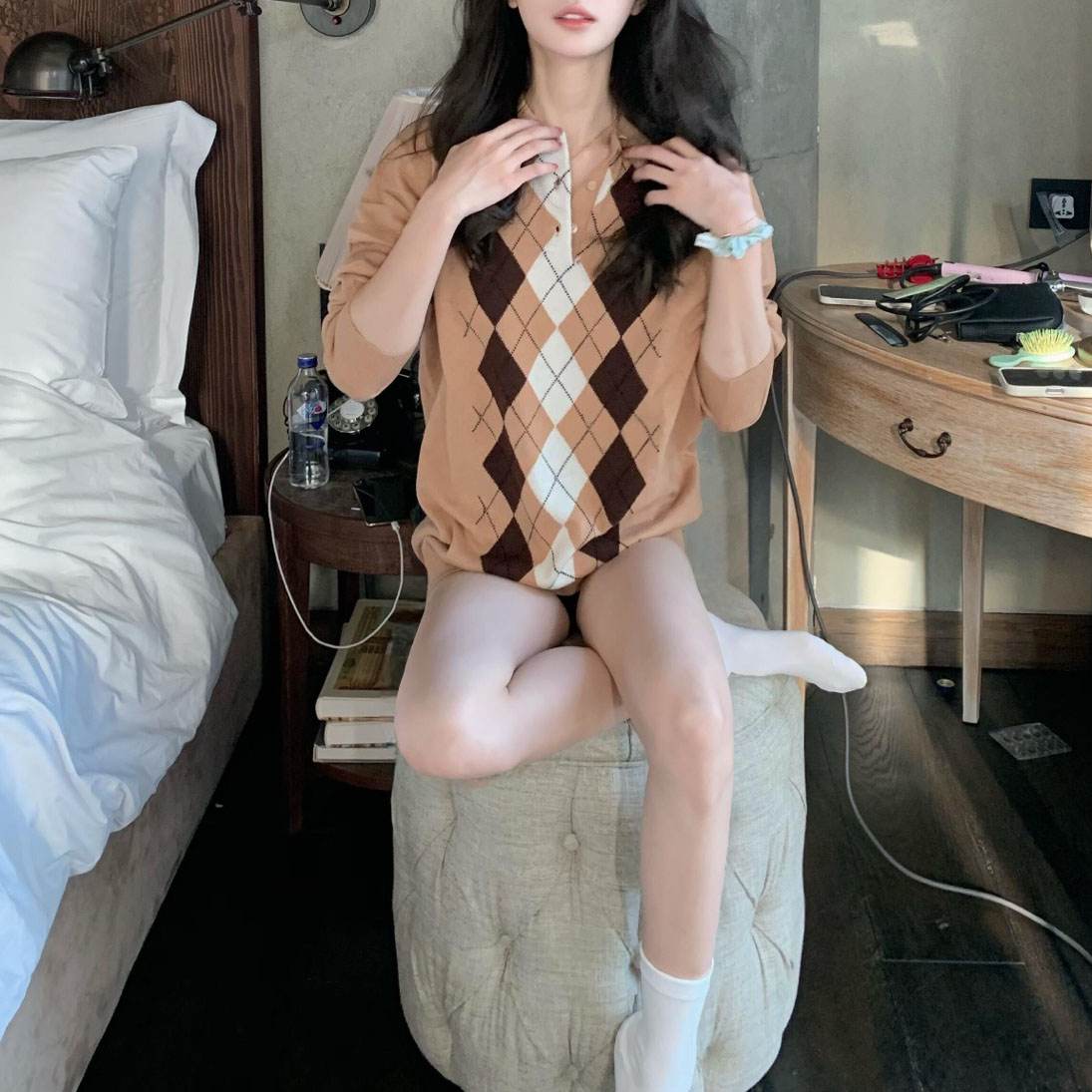 Miu Knitted Argyle Polo Shirt XX25101916