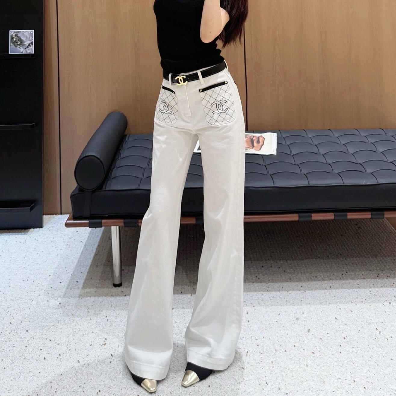 CH Fleece-Lined White Denim Flared Pants XX25101917