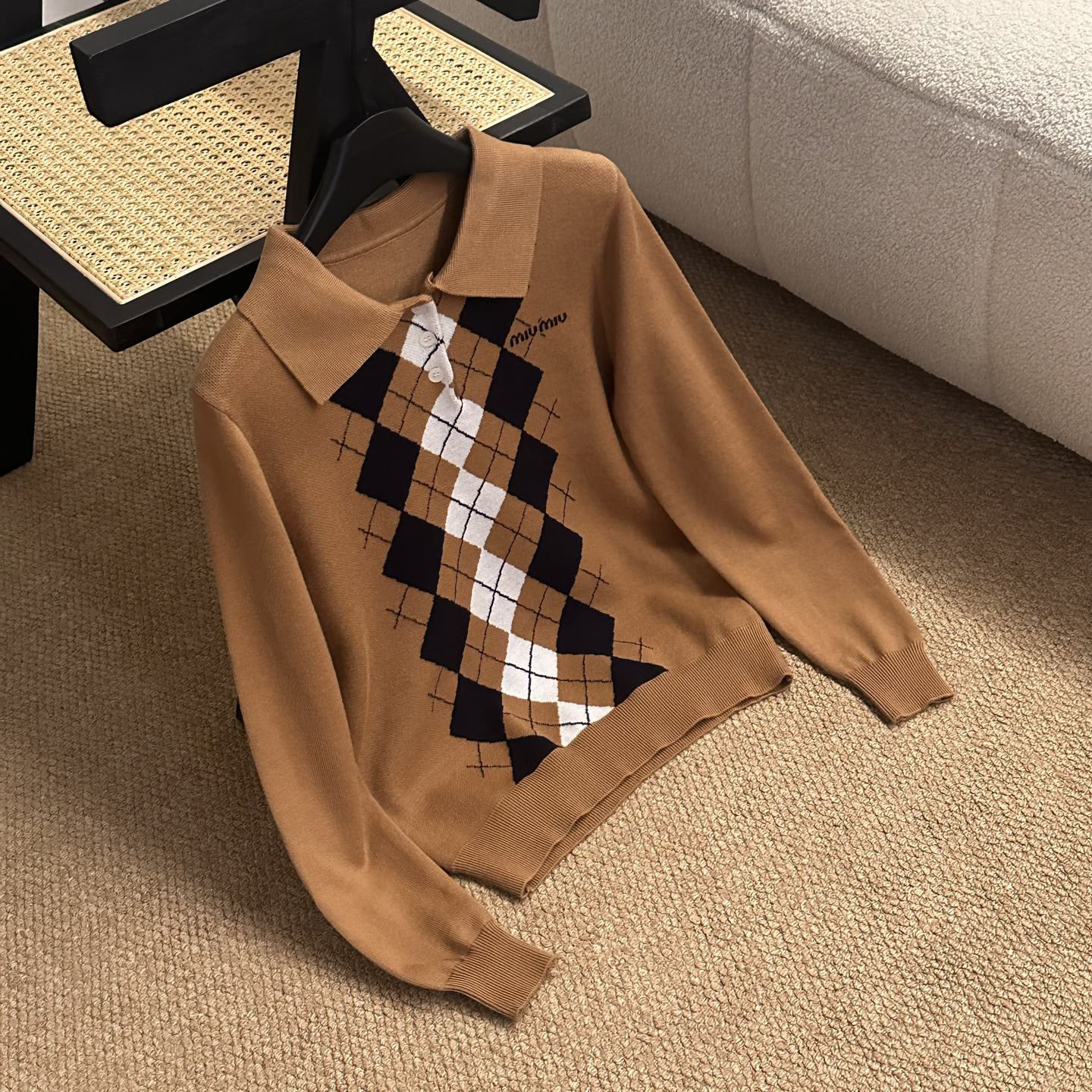 Miu Knitted Argyle Polo Shirt XX25101916