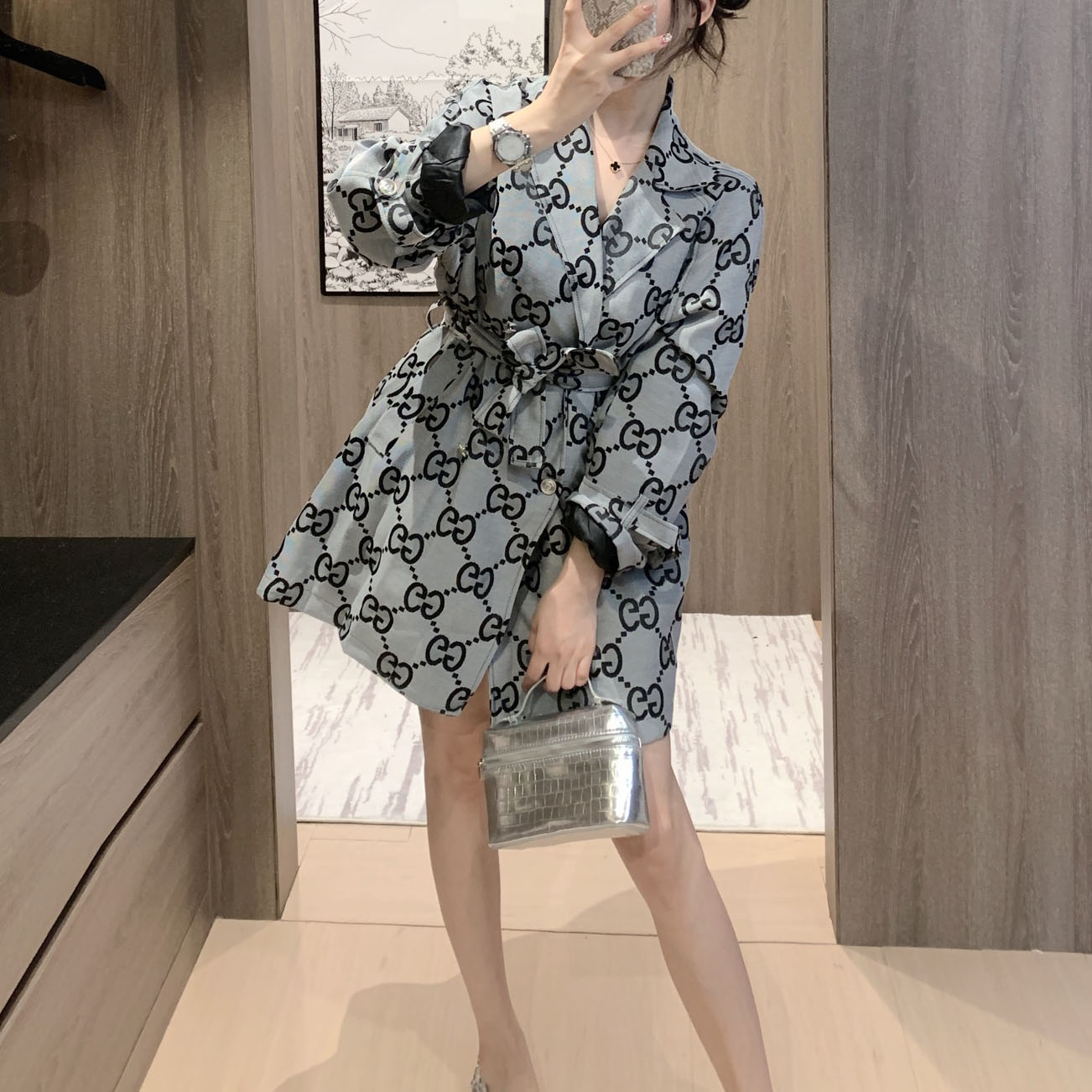 GG Women's Stylish Grey Coat with Double G Jacquard XX25102403