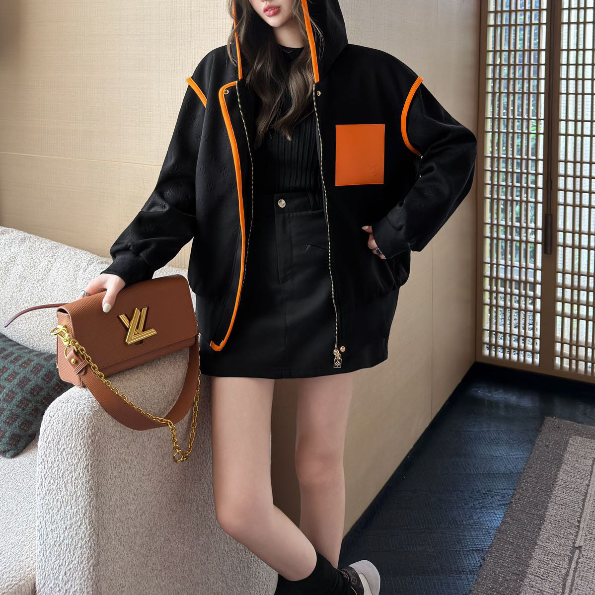 LV New Orange and Black Color-Block Jacket XX25102503