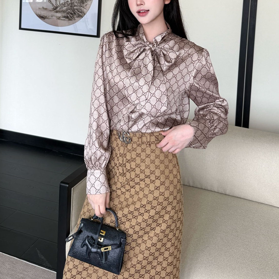 GG Signature GG Jacquard Blouse & Denim Skirt Set XX25102618