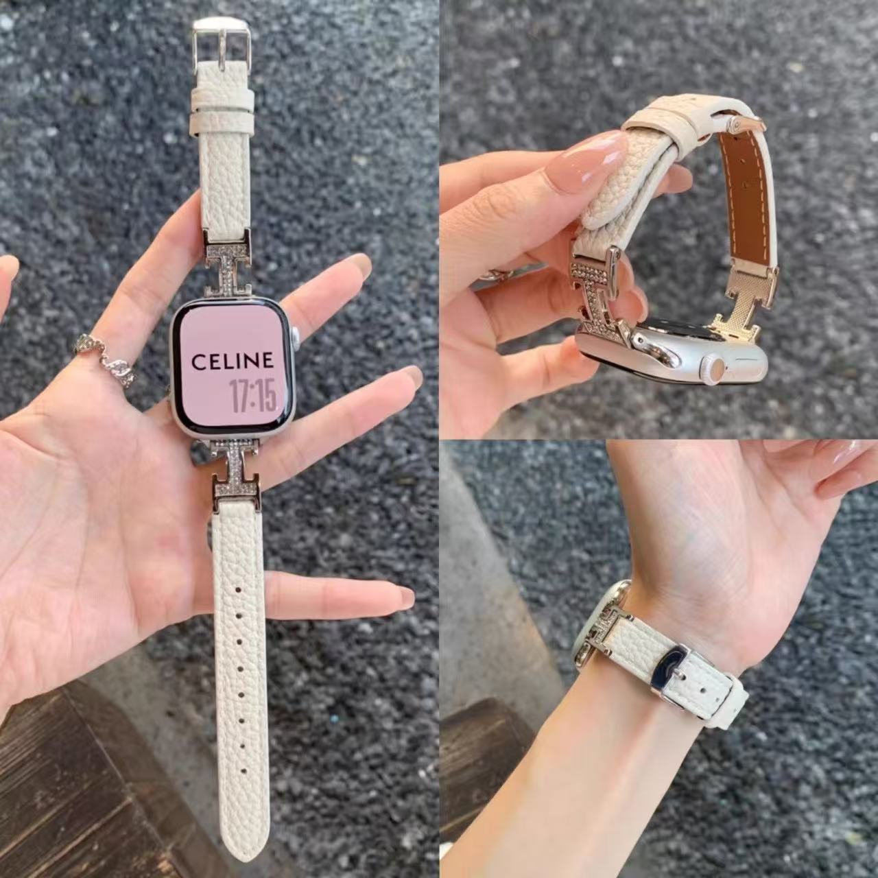 HM  Pebbled Leather H-Buckle Diamond-embellished Band YPD25102701