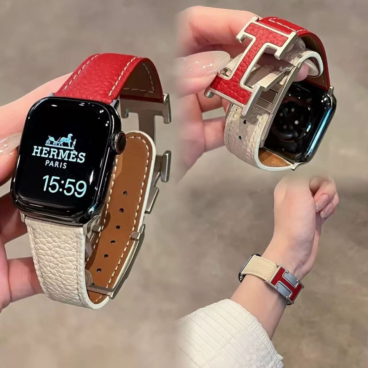 HM  Two-tone H-Buckle Pebbled Leather Band YPD25102702