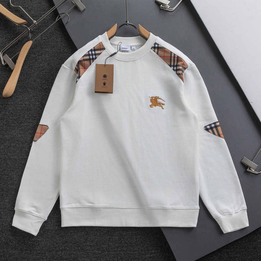 Bur Classic Crew Neck Sweatshirt with Horse Logo and Plaid Patchwork XX25102722